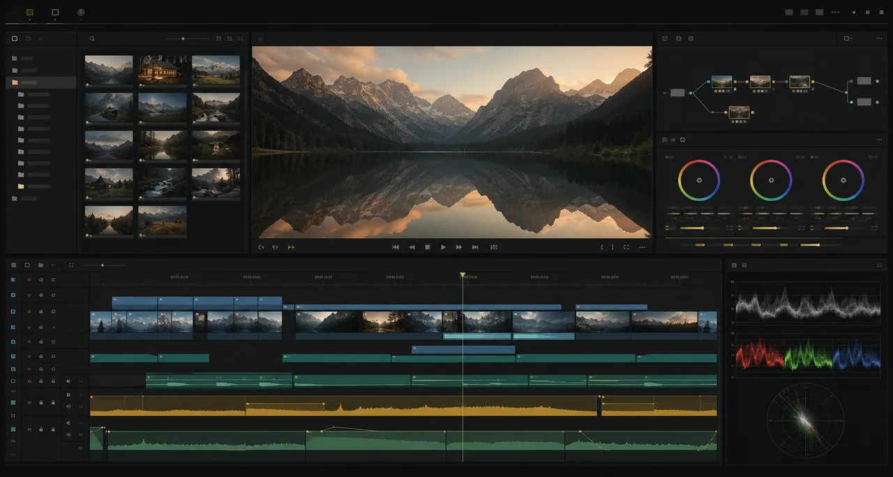 A brand-neutral professional video editing workspace with a cinematic preview, timeline, color controls, scopes, and node graph